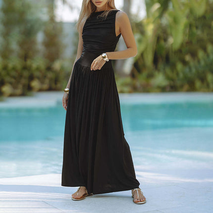 Womens Sleeveless Maxi Long Dress Summer Crew Neck Ruched Pleated Flowy Dress