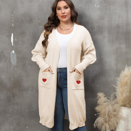 Women's Plus Size Mid-length Woven Love Double Pocket Lantern Sleeve Sweater Cardigan