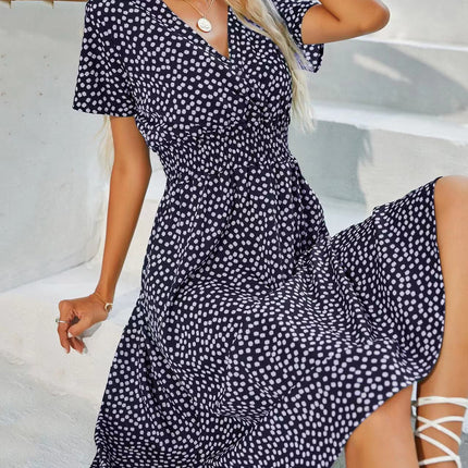 Summer Floral Print Short Sleeved V-neck Pullover High Waisted Dress A-line Skirt Mid Length Skirt