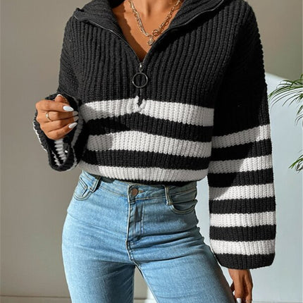 New Striped Contrast Color Stand-up Collar Knitted Pullover Sweater Outerwear Women