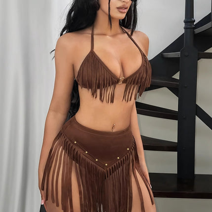 Women's Holiday Style Tassel Hanging Neck Backless Vest Set