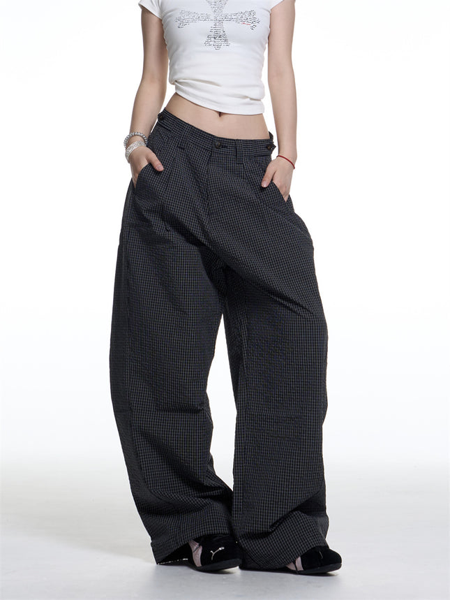 American Retro Plaid Lazy Wide Leg Machete Casual Pants For Women