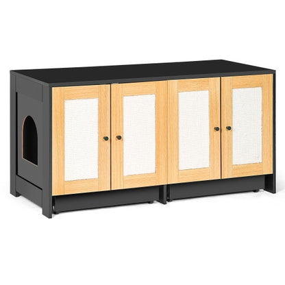 Double Litter Box Enclosure,Cat Litter Box Enclosure For 2 Cats, Hidden Litter Box Furniture With Rattan Doors, 47 L X 19.8 W X 21.8  H,Black