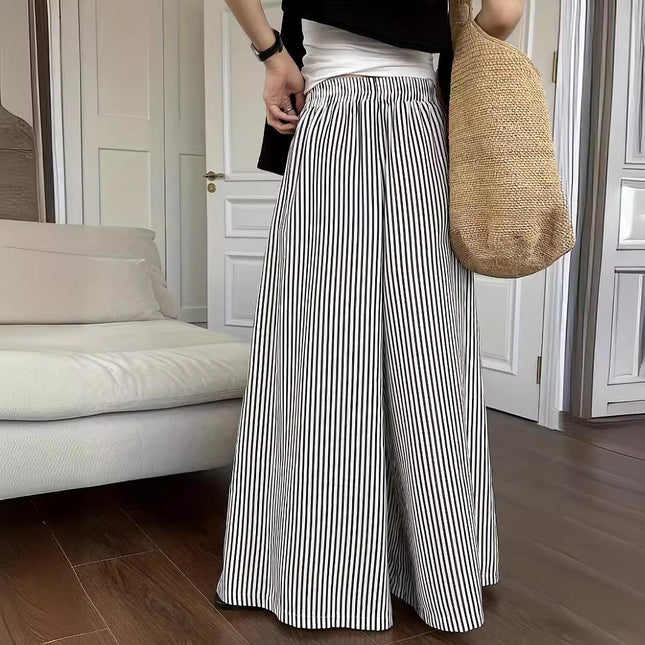 Leisure Striped Elastic Waist Wide-leg Draggle-tail Trousers