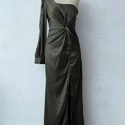 Women's One-shoulder Split Dress Ins Fashion Long-sleeved Slim Long Dresses Party Evening Clothing