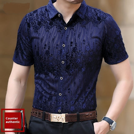 Short Sleeve Hollow Men's Shirt Flocking Embroidered Shirt