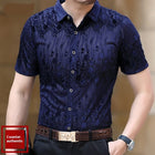 Short Sleeve Hollow Men's Shirt Flocking Embroidered Shirt