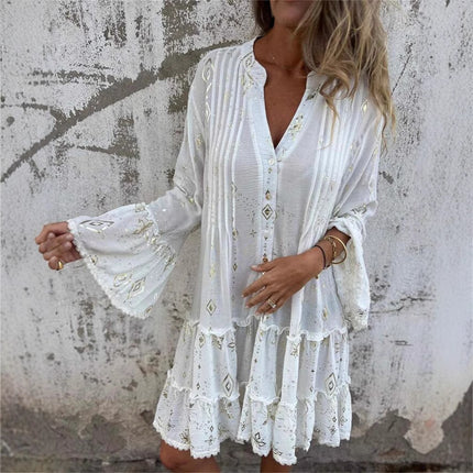 Solid Color Bronzing Fashion Horn Lace Sleeve Hollow-out Plus Size Dress