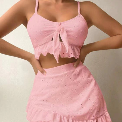3pcs Beach Bikini With Hip-hugging Skirt Fashion Ruffle Design Swimsuit Set Summer Womens Clothing