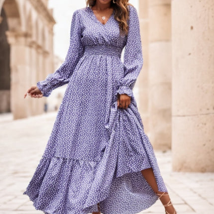 Floral Print Flounce Sleeve Shirred Dress Maxi Women Outfit