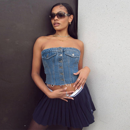 Fashion Denim Button Tank-top Women