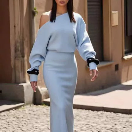 Ins Slim Long Sleeve Knitted Dress Evening Party Sexy Off-shoulder Bodycon Long Dresses