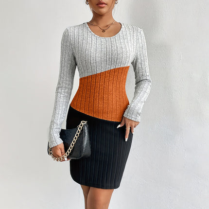 Sexy Classical Round Neck Color Contrast Regular Sleeve Mid Dresses