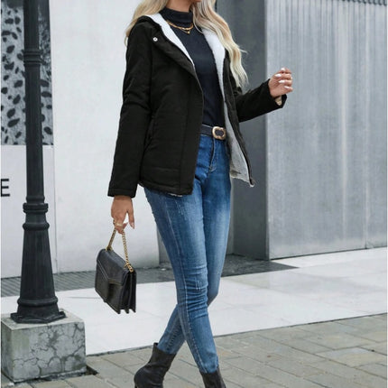Women's Plain Zipper Front Hooded Fleece Casual Padded Padded Coat