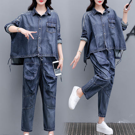 Loose Plus Size Distressed Denim Harem Pants Two-piece Women