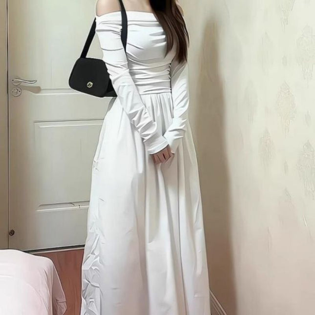 Off-shoulder White Knitted Long-sleeved Dress Women