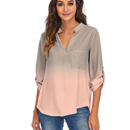 Print Gradient Blouses Women V-Neck Pockets Loose Shirts