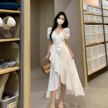 V-neck Dress Degrees Women's Waist Irregular Ruffled