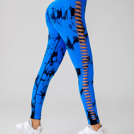 Cut Out Side Hollow Tie Dyed Yoga Pants, High Waist And Hip Lifting Fitness Pants With Side Hollow Seamless Sports Tights, Workout Gym Yoga Pants Scrunch Butt Lift Tights