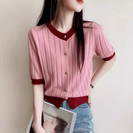 High-grade Classic Style Contrast Color Short-sleeved Knitted Sweater