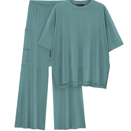 Casual Short Sleeve Pullover Top Wide Leg Pants Casual Suit