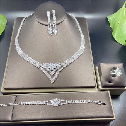 Fashion Luxury Rhinestone Earrings Necklace Ring Bracelet Four Piece Chain