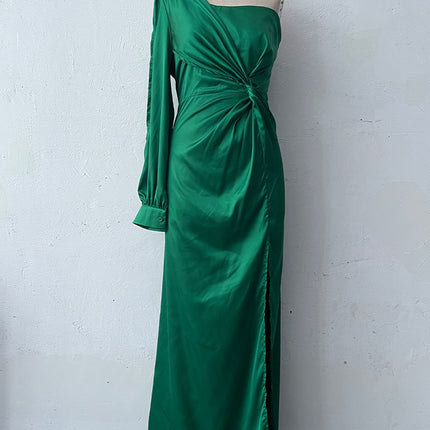 Women's One-shoulder Split Dress Ins Fashion Long-sleeved Slim Long Dresses Party Evening Clothing