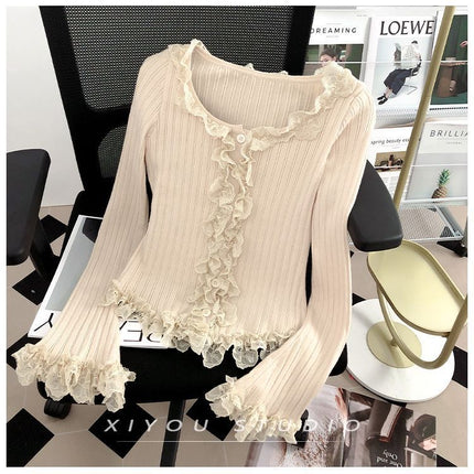 Women Lace Patchwork Black Fungus Edge Knitted Cardigan Jacket