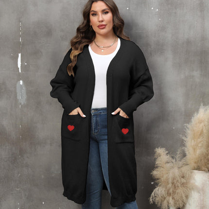 Women's Plus Size Mid-length Woven Love Double Pocket Lantern Sleeve Sweater Cardigan