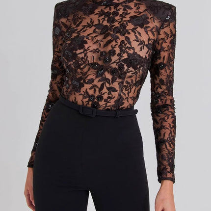 Black See-through Lace Long-sleeved Trousers Jumpsuit