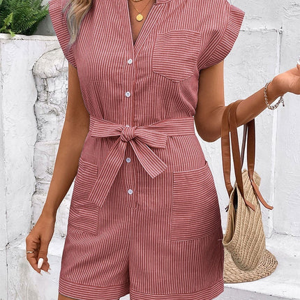 Hot Summer Leisure Commute Jumpsuit Pinstripe Short Sleeve One-piece Shorts