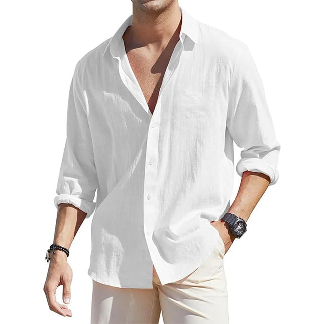 Men's Linen Cardigan Single Row Lapel Long Sleeve Shirt