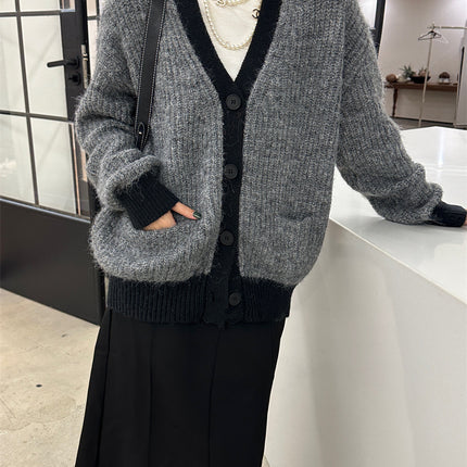 Women's Wool Contrast Color Knitted Sweater Cardigan V-neck