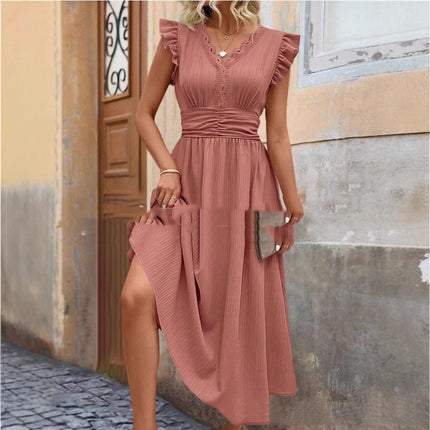 Elegant Solid Color And V-neck Stitching Lace Dress