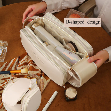Three-layer Double Zipper U-shaped Design Cosmetic Bag Fashion High Capacity Make Up Bags Portable Pu Leather Storage Bag For Skin Care Products