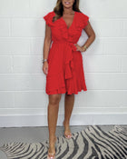 V-neck Waist-controlled Skirt Ruffled Solid Color Dress Women