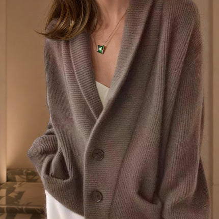 Retro Lapels Solid Color Long Sleeve Knitted Cardigan