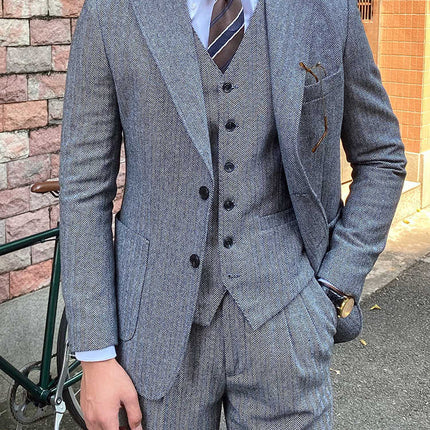 Autumn Winter Retro Herringbone Wool Slim Fit Men's Suits