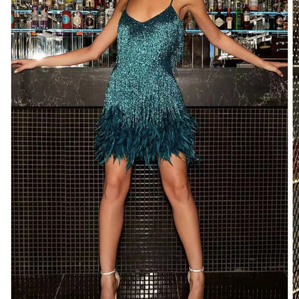 Sexy Tassel Sequins Feather Summer Mini Dress Women V Neck Spaghetti Strap Stitching Dresses Female Elegant Evening Party Club Dress