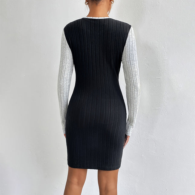 Sexy Classical Round Neck Color Contrast Regular Sleeve Mid Dresses