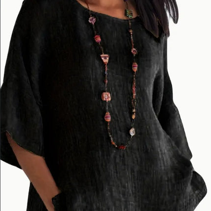 Women Fashion Casual Shirts Solid Color 3 4 Sleeve Round Neck Blouses Summer Loose Tops Streetwear