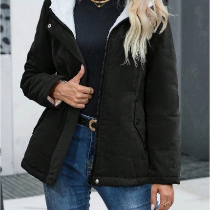 Women's Plain Zipper Front Hooded Fleece Casual Padded Padded Coat