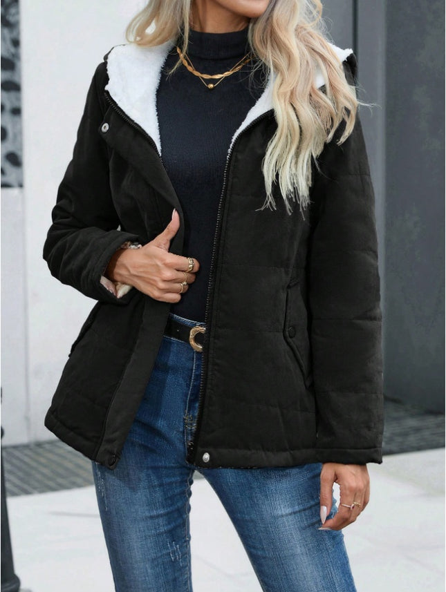 Women's Plain Zipper Front Hooded Fleece Casual Padded Padded Coat