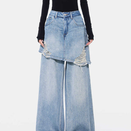 Vintage Blue Washed Fake Two-piece Jeans For Women Ripped Straight Pants