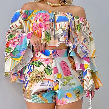 Women's Fashion Print Tops Shorts Set