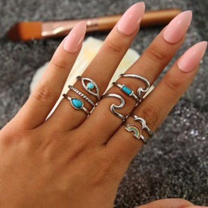 Leaf Crown Geometric Articulation Rings 6 Piece Combination Rings