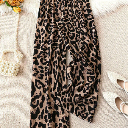 Women's Plus Size Leopard Print Wide-Leg Pants - Summer Casual Elastic Waist Long Trousers For Daily Wear
