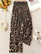 Women's Plus Size Leopard Print Wide-Leg Pants - Summer Casual Elastic Waist Long Trousers For Daily Wear