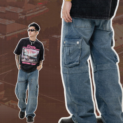 Multi-pocket Workwear Style Washed Jeans Loose Wide Leg Zipper Straight Pants For Men And Women