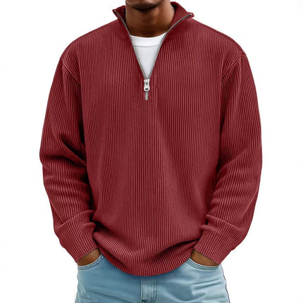 Corduroy Zipper Stand Collar Sweatshirt Fashion Warm Solid Color Long Sleeve Top Men's Casual Polo Shirt Clothing